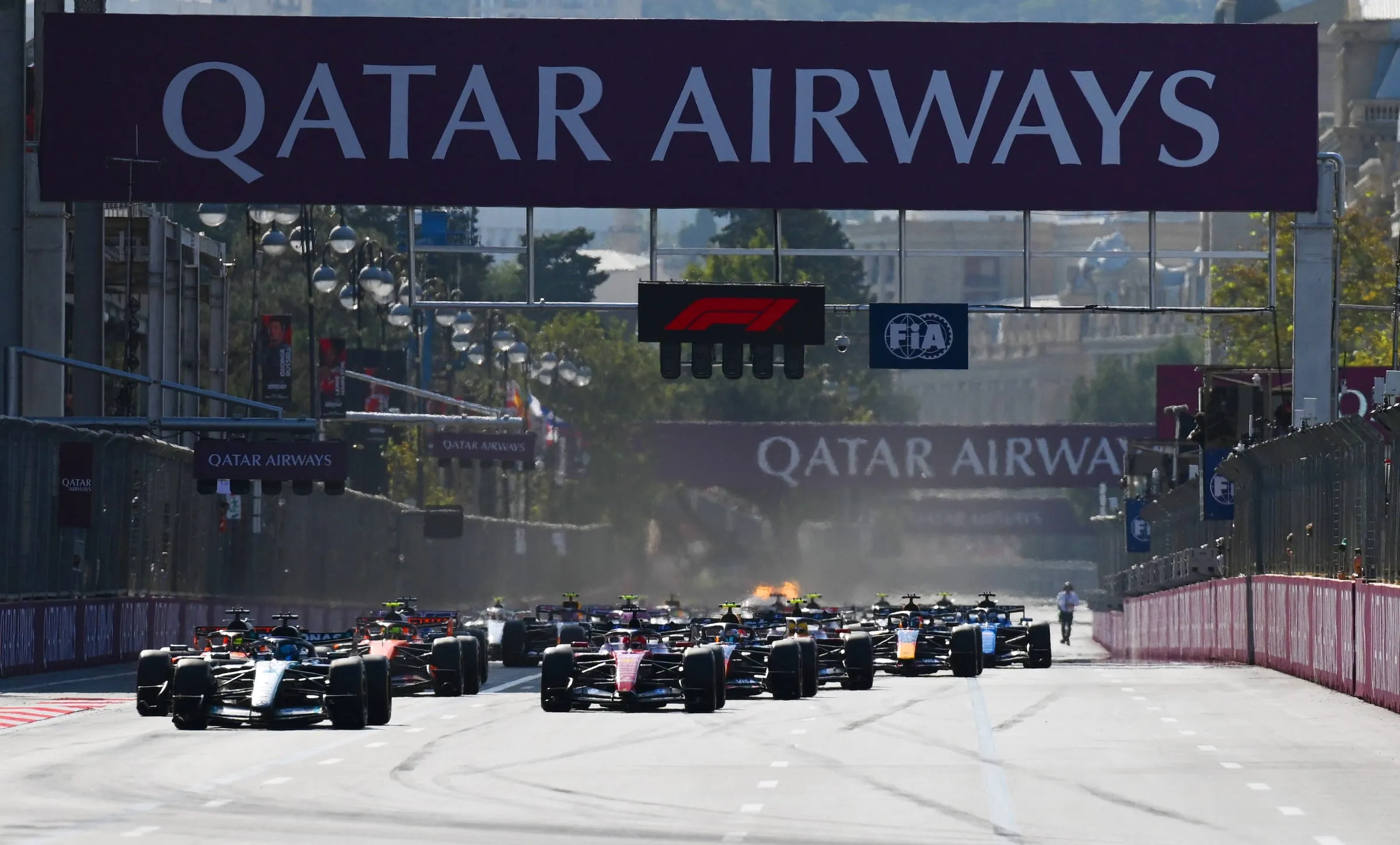 The field leaves the grid at the start of the 2026 Azerbaijan Grand Prix in Baku