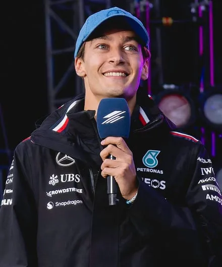 George Russell in Mercedes team kit at Silverstone in July 2024